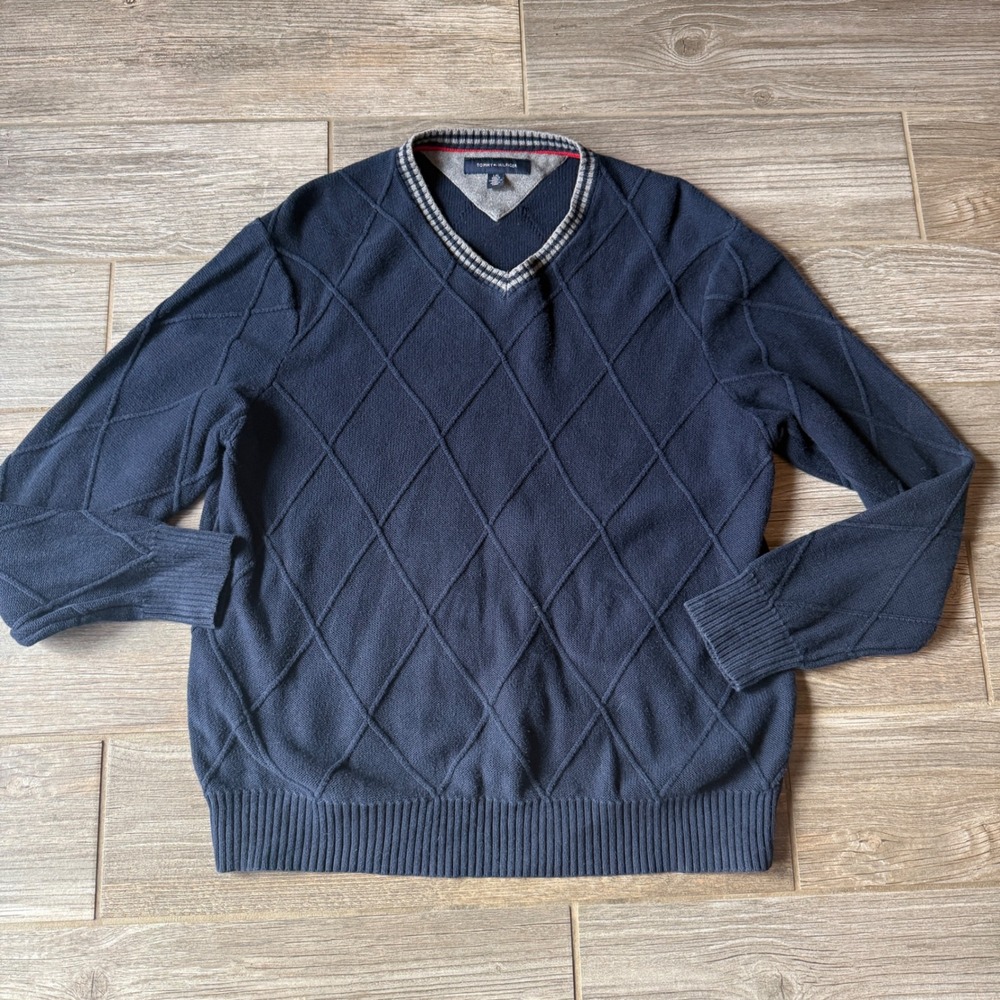 Y2K 90s Tommy Hilfiger Mens Navy V Neck Sweater Pullover Classic Prep Size Large